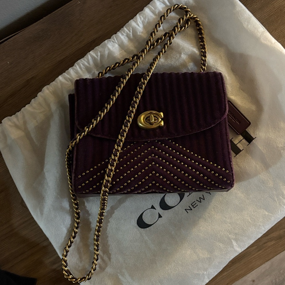 Coach Purple Velvet Quilted Crossbody with Gold Chain